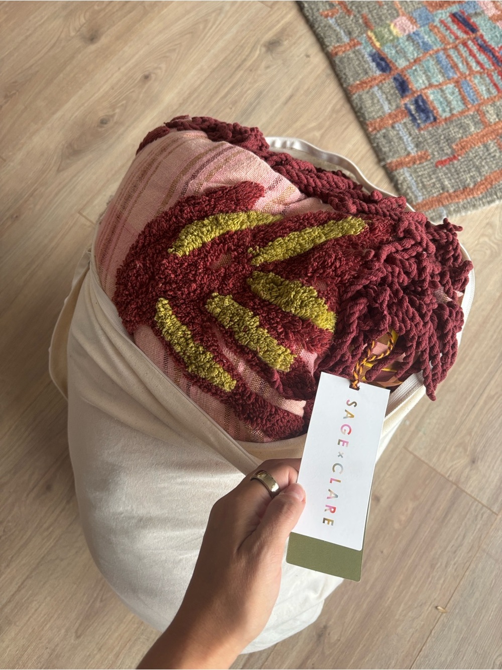 NWT Whimsical Anthropologie -esque Cotton Reversible Blanket in Pink & Burgundy